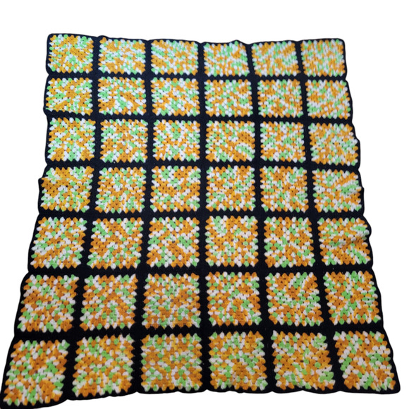 Granny Square Afghan Blanket Black Gold Lime Green White Throw 52"x45" - Picture 2 of 6